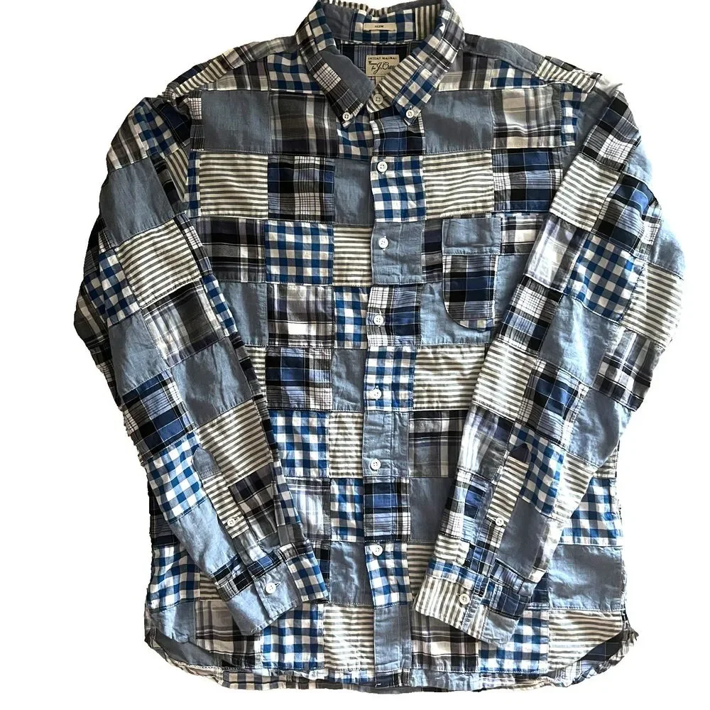 J.Crew Mens Shirt L Slim Madras Plaid Patchwork Button Down Cotton
